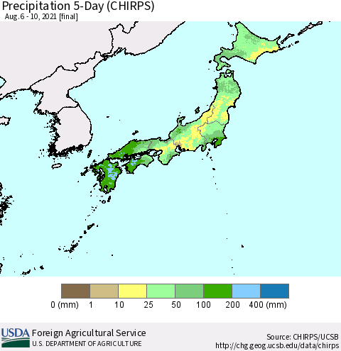 Japan Precipitation 5-Day (CHIRPS) Thematic Map For 8/6/2021 - 8/10/2021