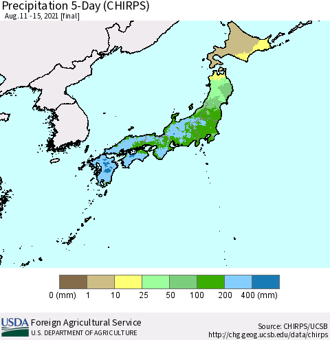Japan Precipitation 5-Day (CHIRPS) Thematic Map For 8/11/2021 - 8/15/2021