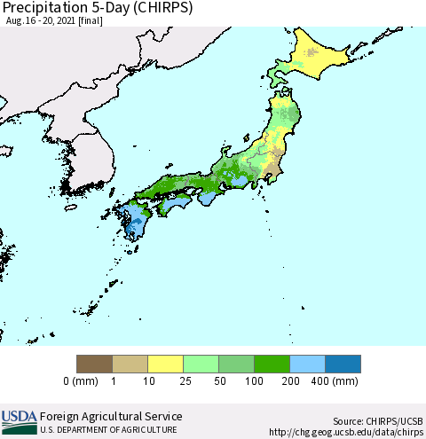 Japan Precipitation 5-Day (CHIRPS) Thematic Map For 8/16/2021 - 8/20/2021