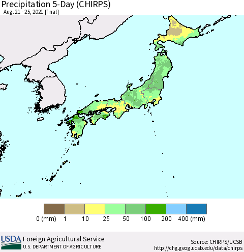 Japan Precipitation 5-Day (CHIRPS) Thematic Map For 8/21/2021 - 8/25/2021