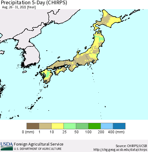 Japan Precipitation 5-Day (CHIRPS) Thematic Map For 8/26/2021 - 8/31/2021