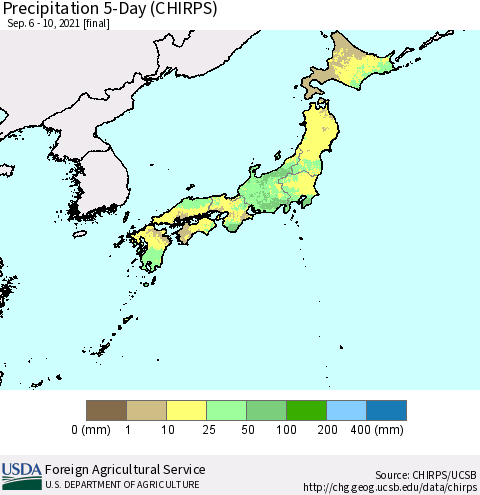 Japan Precipitation 5-Day (CHIRPS) Thematic Map For 9/6/2021 - 9/10/2021