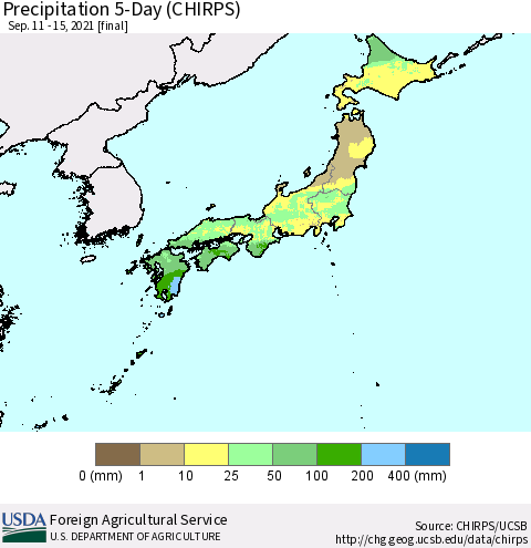 Japan Precipitation 5-Day (CHIRPS) Thematic Map For 9/11/2021 - 9/15/2021