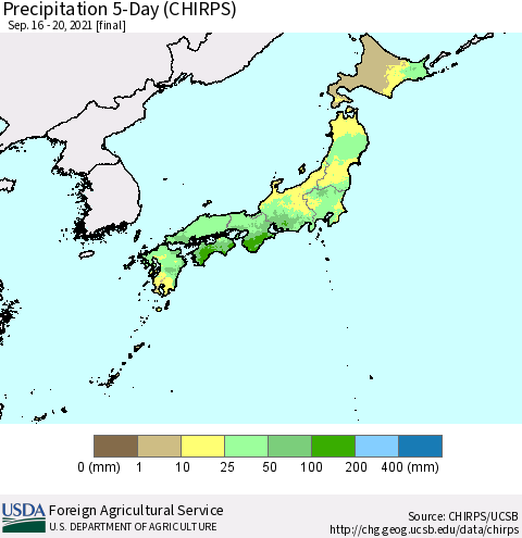 Japan Precipitation 5-Day (CHIRPS) Thematic Map For 9/16/2021 - 9/20/2021