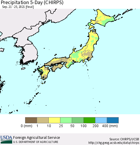 Japan Precipitation 5-Day (CHIRPS) Thematic Map For 9/21/2021 - 9/25/2021