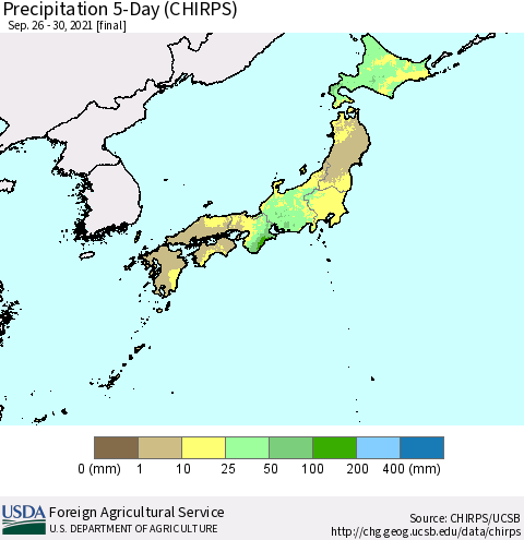 Japan Precipitation 5-Day (CHIRPS) Thematic Map For 9/26/2021 - 9/30/2021