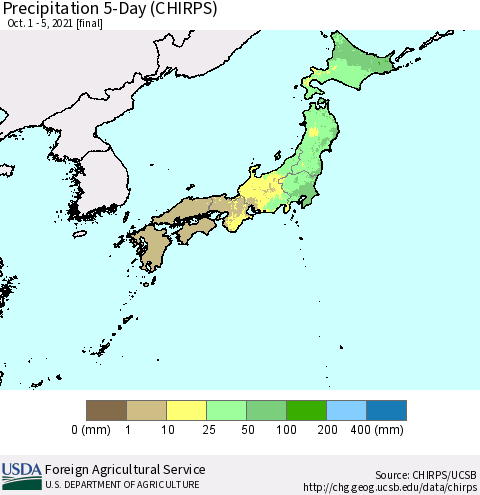 Japan Precipitation 5-Day (CHIRPS) Thematic Map For 10/1/2021 - 10/5/2021