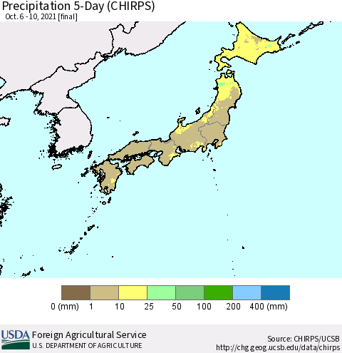 Japan Precipitation 5-Day (CHIRPS) Thematic Map For 10/6/2021 - 10/10/2021