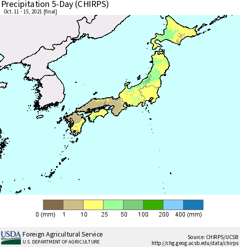 Japan Precipitation 5-Day (CHIRPS) Thematic Map For 10/11/2021 - 10/15/2021