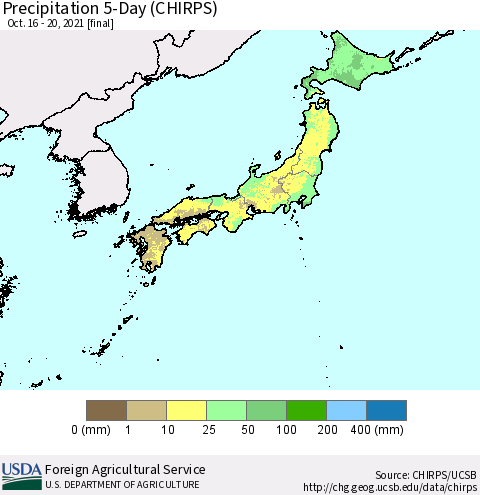 Japan Precipitation 5-Day (CHIRPS) Thematic Map For 10/16/2021 - 10/20/2021