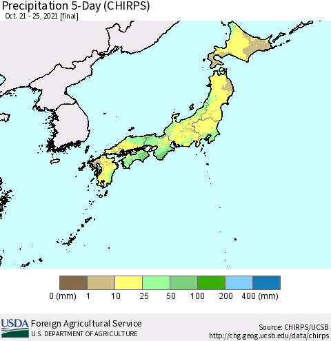 Japan Precipitation 5-Day (CHIRPS) Thematic Map For 10/21/2021 - 10/25/2021