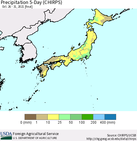 Japan Precipitation 5-Day (CHIRPS) Thematic Map For 10/26/2021 - 10/31/2021