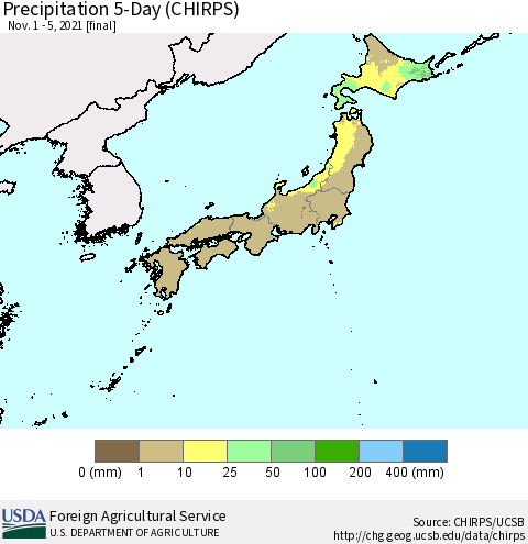 Japan Precipitation 5-Day (CHIRPS) Thematic Map For 11/1/2021 - 11/5/2021