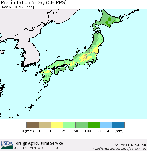 Japan Precipitation 5-Day (CHIRPS) Thematic Map For 11/6/2021 - 11/10/2021