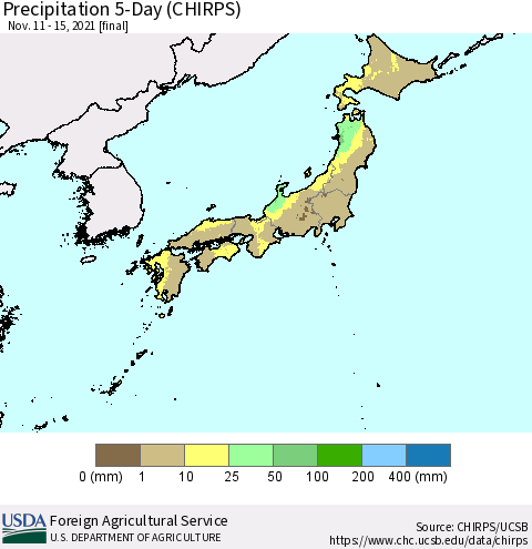 Japan Precipitation 5-Day (CHIRPS) Thematic Map For 11/11/2021 - 11/15/2021