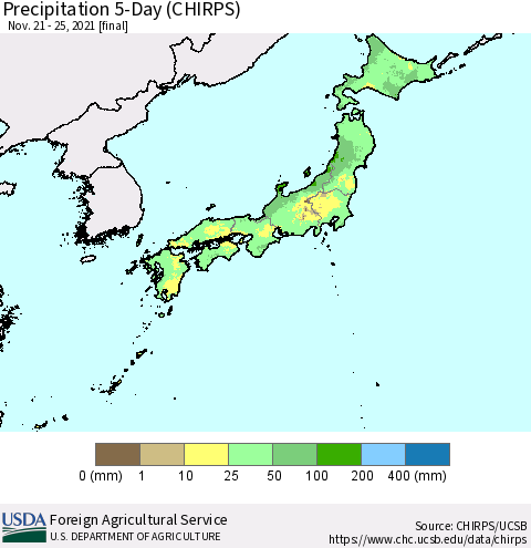 Japan Precipitation 5-Day (CHIRPS) Thematic Map For 11/21/2021 - 11/25/2021
