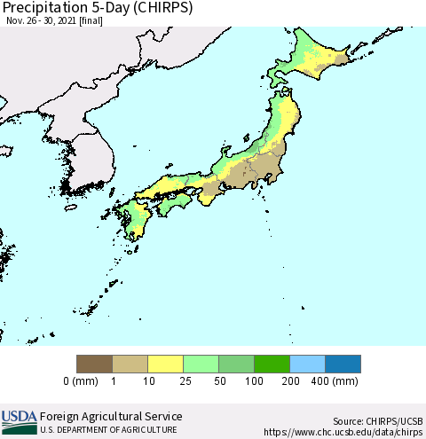 Japan Precipitation 5-Day (CHIRPS) Thematic Map For 11/26/2021 - 11/30/2021