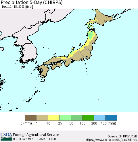 Japan Precipitation 5-Day (CHIRPS) Thematic Map For 12/11/2021 - 12/15/2021