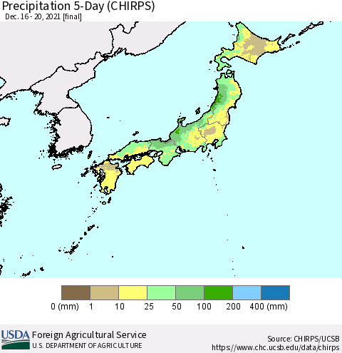 Japan Precipitation 5-Day (CHIRPS) Thematic Map For 12/16/2021 - 12/20/2021