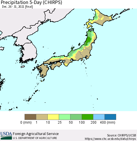 Japan Precipitation 5-Day (CHIRPS) Thematic Map For 12/26/2021 - 12/31/2021
