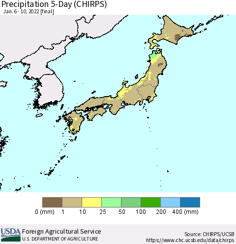 Japan Precipitation 5-Day (CHIRPS) Thematic Map For 1/6/2022 - 1/10/2022