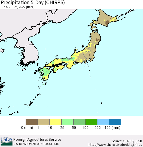Japan Precipitation 5-Day (CHIRPS) Thematic Map For 1/21/2022 - 1/25/2022