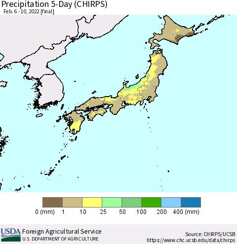 Japan Precipitation 5-Day (CHIRPS) Thematic Map For 2/6/2022 - 2/10/2022