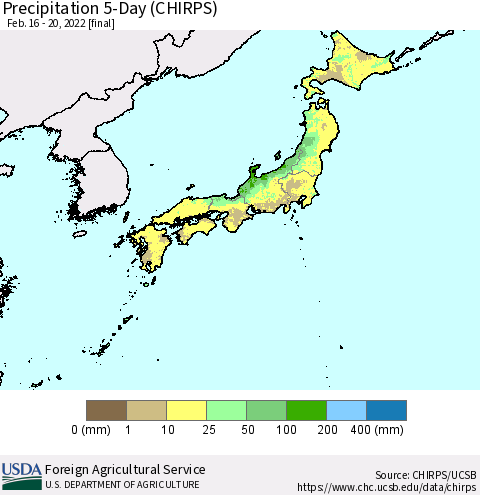 Japan Precipitation 5-Day (CHIRPS) Thematic Map For 2/16/2022 - 2/20/2022