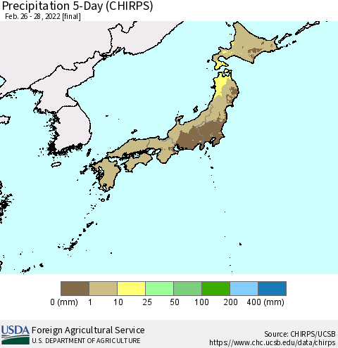 Japan Precipitation 5-Day (CHIRPS) Thematic Map For 2/26/2022 - 2/28/2022