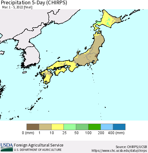 Japan Precipitation 5-Day (CHIRPS) Thematic Map For 3/1/2022 - 3/5/2022