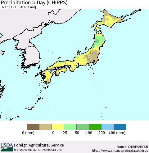 Japan Precipitation 5-Day (CHIRPS) Thematic Map For 3/11/2022 - 3/15/2022