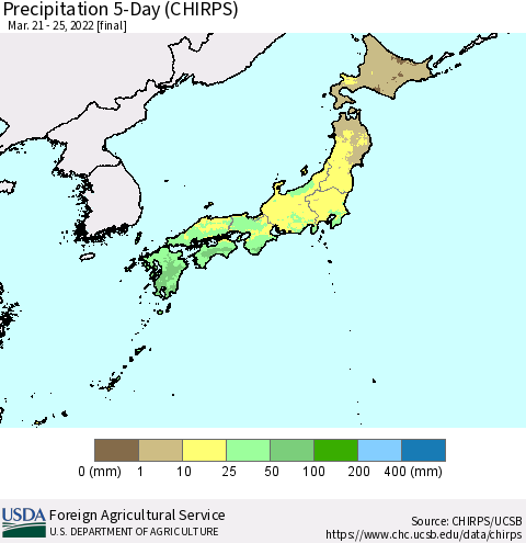 Japan Precipitation 5-Day (CHIRPS) Thematic Map For 3/21/2022 - 3/25/2022
