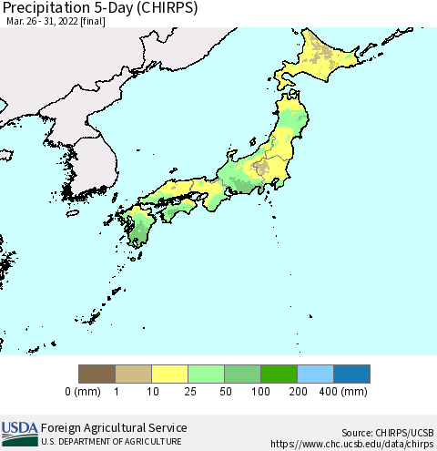 Japan Precipitation 5-Day (CHIRPS) Thematic Map For 3/26/2022 - 3/31/2022