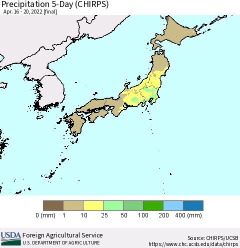 Japan Precipitation 5-Day (CHIRPS) Thematic Map For 4/16/2022 - 4/20/2022