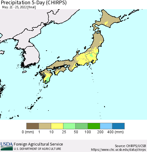 Japan Precipitation 5-Day (CHIRPS) Thematic Map For 5/21/2022 - 5/25/2022
