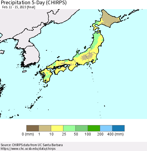 Japan Precipitation 5-Day (CHIRPS) Thematic Map For 2/11/2023 - 2/15/2023