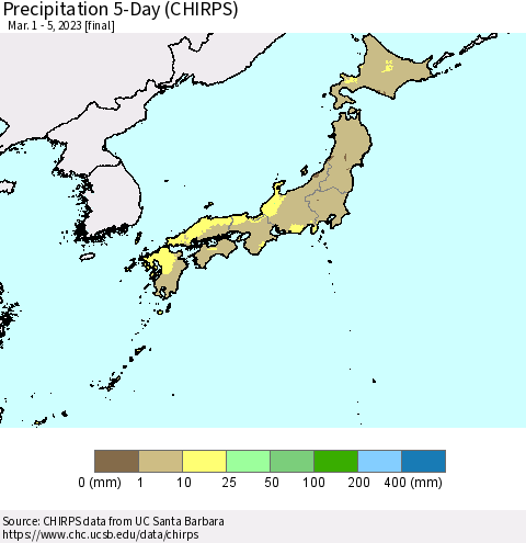 Japan Precipitation 5-Day (CHIRPS) Thematic Map For 3/1/2023 - 3/5/2023