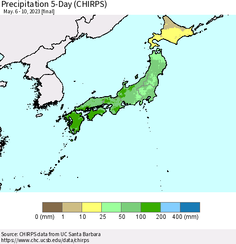 Japan Precipitation 5-Day (CHIRPS) Thematic Map For 5/6/2023 - 5/10/2023