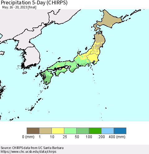 Japan Precipitation 5-Day (CHIRPS) Thematic Map For 5/16/2023 - 5/20/2023