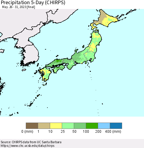 Japan Precipitation 5-Day (CHIRPS) Thematic Map For 5/26/2023 - 5/31/2023