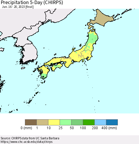 Japan Precipitation 5-Day (CHIRPS) Thematic Map For 6/16/2023 - 6/20/2023