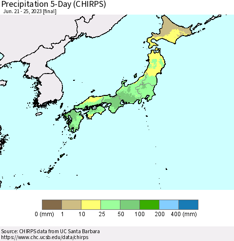 Japan Precipitation 5-Day (CHIRPS) Thematic Map For 6/21/2023 - 6/25/2023