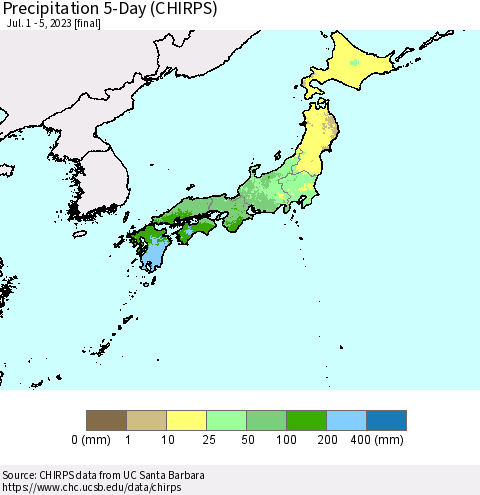 Japan Precipitation 5-Day (CHIRPS) Thematic Map For 7/1/2023 - 7/5/2023