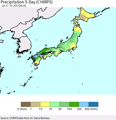 Japan Precipitation 5-Day (CHIRPS) Thematic Map For 7/6/2023 - 7/10/2023