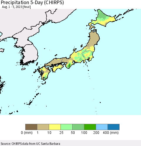 Japan Precipitation 5-Day (CHIRPS) Thematic Map For 8/1/2023 - 8/5/2023