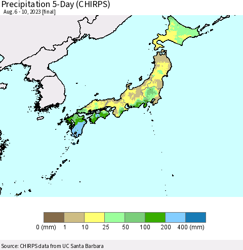 Japan Precipitation 5-Day (CHIRPS) Thematic Map For 8/6/2023 - 8/10/2023