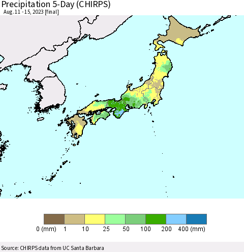 Japan Precipitation 5-Day (CHIRPS) Thematic Map For 8/11/2023 - 8/15/2023