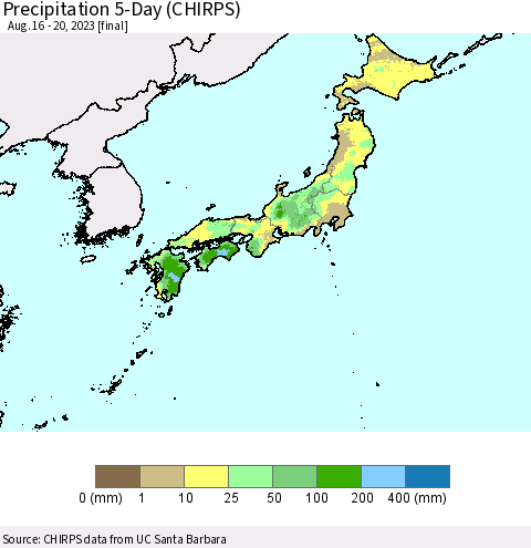 Japan Precipitation 5-Day (CHIRPS) Thematic Map For 8/16/2023 - 8/20/2023