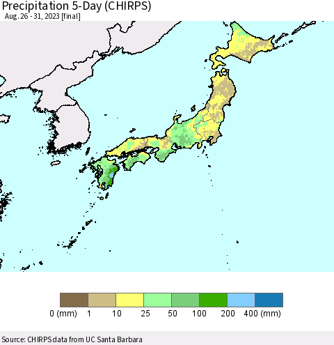 Japan Precipitation 5-Day (CHIRPS) Thematic Map For 8/26/2023 - 8/31/2023