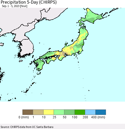 Japan Precipitation 5-Day (CHIRPS) Thematic Map For 9/1/2023 - 9/5/2023